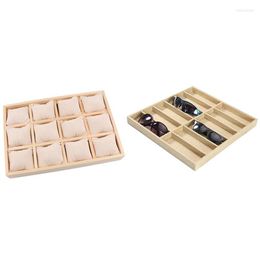 Jewellery Pouches Sunglasses Box Eyeglass Storage 12 Grid Jute & Wooden Tray Bangle Earrings Bracelets Beige