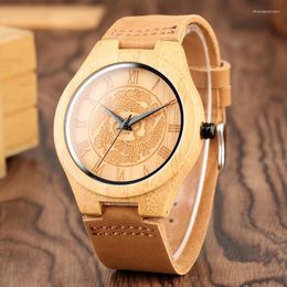 Wristwatches Men's Wooden Watches With Unique Craving Pine Tree Dial Quartz Analog Roman Numeral Bamboo Wristwatch For Teenager M