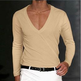 Men's T-Shirts Spring Autumn Men T-shirt V-neck Long Sleeve Sold Color Top Tee Fashion Casual Pullover T Shirt For Men Clothing Streetwear 230317