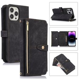 Zipper Wallet Phone Cases for Iphone 14 pro max 11 12 13 XS MAX 6 7 8 PLUS Multifunction PU Leather Flip Kickstand Cover Case with 9 Card Slots