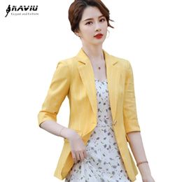 Women's Suits Blazers Yellow Stripe Blazer Women Casual Thin Summer Fashion Formal Half Sleeve Slim Jacket Office Ladies Work Coat 230320