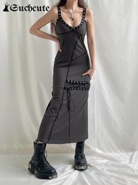 Casual Dresses Grunge Eyelet Strap Midi Dress Women Gothic Sexy V Neck Bandage Vintage Dark Streetwear Sleeveless 90s OutfitsCasual