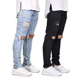 Men's Jeans Black Men Fashions Sexy Ripped Hole Skinny Denim Pencil Pants Slim Fit Mid Waist Stretch Distressed StreetwearMen's