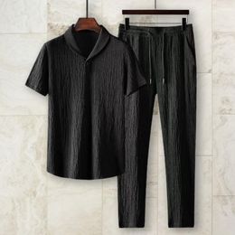 Men's Tracksuits 2PcsSet Summer Men's Suit Elastic Waistband Pleated Casual Outfit Men Business Short Sleeve Shirts Long Pants Set Male Clothing 230317