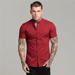 Men's Casual Shirts Arrivals Summer Man Short Sleeve Shirt Solid Fitness Mens Stand Collar Super Slim Fit Business Dress Shirt Button Gym Tops 230317