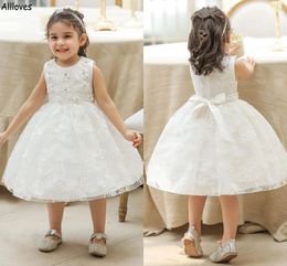 Pretty Lace Ball Gown Flower Girl Dresses For Wedding Party Birthday With 3D Flowers Jewel Neck Little Girl Baby Shower First Communion Formal Wear With Belt CL2039