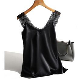 Women's Tanks Camis Lace Strap Silk Top Women Sexy V Neck Sleeveless WhiteVest Satin Elasticity Mesh Silk Tank Tops Women Basic Plus Size Camisole 230317