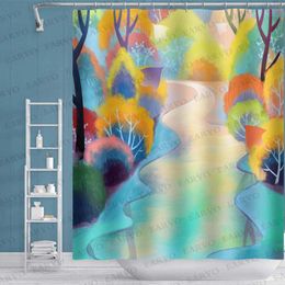 Shower Curtains Watercolour Illustration Curtain Colourful Forest Creek Pattern With Hooks Bathroom Waterproof Polyester AccessoriesDecor