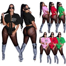 2024 NEW Designer brand tracksuits Women summer outfits two piece sets Short sleeve Bandage shirt top and Mesh pants Casual Sportswear see through clothing 9510-6