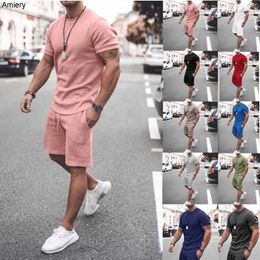 2023 Plus Size Men's Tracksuits Summer Two Piece Short Set Short-sleeved Solid Color T-shirt Tops Shorts Suit Sportswear Men's Wear Clothing M-5XL