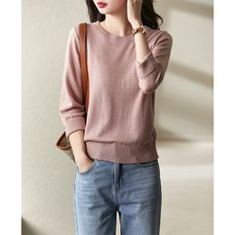 Women's Knits Tees Vimly ONeck Knitted Tops Woman Autumn Shiny Silk Spring Three Quarter Sleeve Loose Elegant Sweater Soft 71033 230317