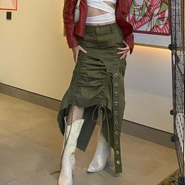 Skirts Adogirl Vintage Y2k High Waist Straight Long Skirt Women Outfits Drawstring Pleated Casual Harajuku Army Green Streetwear