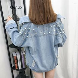 Women's Jackets Fashion Overcoat Denim Women Autumn Pearl Beading Coats Woman's Large Size Blue Jacket Ripped Female Loose Coat