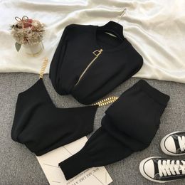 Women's Two Piece Pants Autumn Tracksuit Women Knitted Sweater Suit Female Temperament Chain Vest Knitted Jacket Elastic Pants Three Piece Set 230317