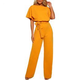 Women's Jumpsuits Rompers Summer Candy Colour Jumpsuit for Women Casual Short Sleeve Hollowed Waist Tie Solid Elegant Jumpsuit for Party Club Rompers 230317