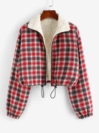 Women's Jackets Winter Coat Women Plaid Faux Shearling Lined Drawstring Zip Jacket Sherpa Fluffy Warm Turn Down Collar Outwear 230317