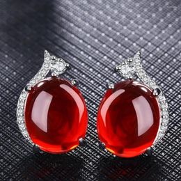 Stud Earrings Silver Plated Oval Shape Red And Green Agates For Women With Cubic Zirconia Jewellery