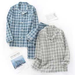 Men's Sleepwear Spring Autumn Plaid Pyjamas Set For Men Pure Cotton Button Long Sleeve Homewear Male Classic Men's Pyjamas Set Pjs 230320