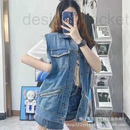 Women's Vests Designer Early Autumn Pocket Rivet Ragged Blue Denim Vest Back Letter Embroidery Heavy Duty Sleeveless Tank Top Female RAH9