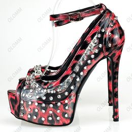 Olomm Fashion Women Summer Pumps Studded Stiletto Heels Peep Toe Pretty Leopard Night Club Shoes Ladies Plus US Size 5-20