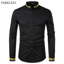 Men's Casual Shirts Black Gold Embroidery Shirt Men Spring Mens Dress Shirts Stand Collar Button Up Shirts Chemise Homme Camisa Masculina 230317