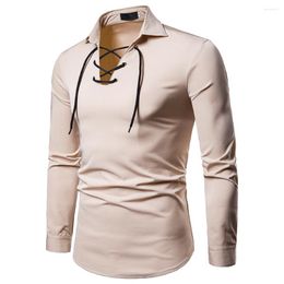 Men's Casual Shirts Autumn/Winter Warm Quality Material Long Sleeved Button Collar Smart For Men Shoelace Design