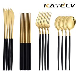 Dinnerware Sets 1216 Pcs Black Gold Cutlery Chopsticks Knife Fork Spoon Golden Stainless Steel Korean Luxury Tableware 230320