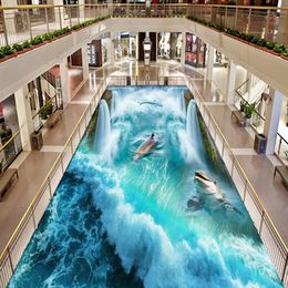 Wallpapers PVC Self Adhesive Waterproof 3D Floor Tiles Wall Papers Sticker Waterfalls Dolphins Murals Mall Outdoor Bathroom Wallpaper