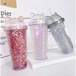 Water Bottles Sequined BPA Free Water Bottle with Straw Plastic Flash Cat Ear Double Wall Drinking Bottle Coffee Juice Cup 230320