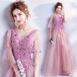 Ethnic Clothing Pink Petal V-Neck Sexy Beaded Evening Party Dress Formal Trumpet Sleeve Women Full Length Prom Gown A-Line Oversize 3XL