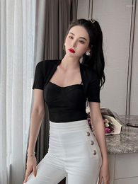 Women's T Shirts Fashion Ribbed Cotton Elegant Women T-Shirt Summer Retro Lady Casual Simple Square Collar Mujer Femme Sexy Club Short Tunic