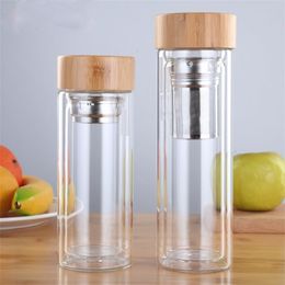 Water Bottles 350/450ml Double Wall Glass Water bottles With stainless Steel filter and bamboo lid Tea Infuser glass drink bottle 230320