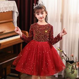 Girl's Dresses Elegant Christmas Children Dress Sequined Long Sleeve Flower Girls Wedding Princess Red Baby Girls Tulle Ball Gown 5 8Y 230320