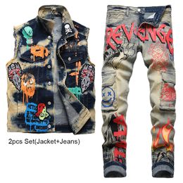 Slim-Fit Tracksuit Punk Street Printed Men's Pant Sets 2023 Summer Casual Loose Rock Denim Vest and Stretch Jeans Retro Blue 2pcs Men Clothing
