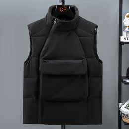 Men's Vests Autumn Winter Down Cotton Vest Front pocket Waistcoat Warm Sleeveless Jacket Stand Collar Solid Colour Zipper Coat 230320