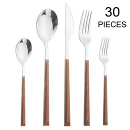 Dinnerware Sets Imitation Wood Handle Cutlery Western Stainless Steel Tableware 6/12/20/24/30Pcs Kitchen Knife Fork Spoon 230320