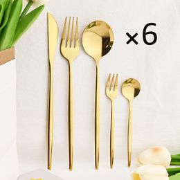 Dinnerware Sets 30Pcs Gold Western Knife Cake Fork Spoon Flatware Cutlery Mirror Stainless Steel Tableware Kitchen Silverware 230320