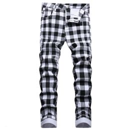 Jeans masculinos preto e branco xadrez impresso jeans moda verificação digital impressão magro calças retas calças estiramento 230320