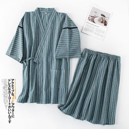 Men's Sleepwear Japanese Kimono Striped Men Pajamas Set Summer Male Pure Cotton Thin Short Sleeve Shorts Pajama Suit Loose 2 Piece Homewear 230320