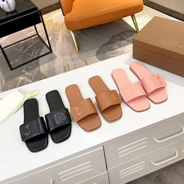 2023 designer luxury women flat buckle slippers summer casual wear 100% Leather outdoors Gold-plated Non-slip heel sandal Black/apricot/pink custom writting size 35-41