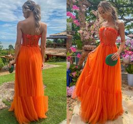 Sexy Orange Prom Dresses Pleated Strapless Handmade Flower Tulle Floor Length Women Evening Formal Party Gowns A-line 2023 Robe De Soiree