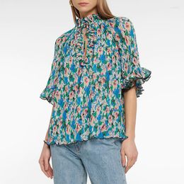 Women's Blouses 2023 Summer Blue Flower Print Chiffon Tops Edge Ladies Elegant Pleated Stretch Tie Shirts Casual Office Wear