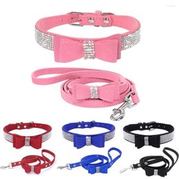 Dog Collars Pet Cat Collar Leash Buckle Rhinestone Bling Crystal Bow Adjustable Soft Suede Leather High Quality