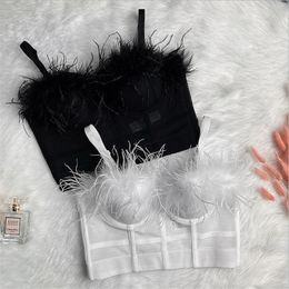 Womens Tanks Camis Women Camisole Top Ostrich Feather Korean Fashion High Quality Crop Top Bustier Bra Night Club Party Tank Tops 230320