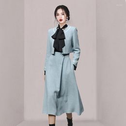 Work Dresses Fashion 2023 Spring 2 Pieces Set Elegant Vintage Tweed Long Sleeve Jackets Coat A-Line Midi Skirts Suit