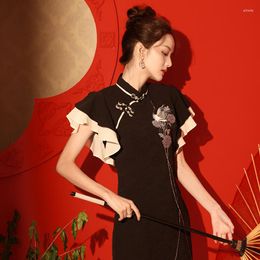 Ethnic Clothing 2023 Oriental Style Improved Chinese Qipao Dress Black Fishtail Skirt Ruffle Sleeve Retro Autumn Embroidery Cheongsam