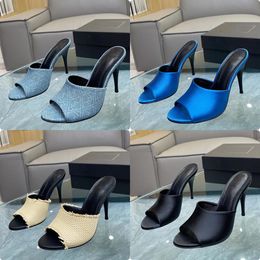 SUITE HEELED MULES IN CREPE SATIN Womens high heeled slippers Fashion denim upper pointed open toe 10CM tapered heel Summer Designer factory sexy sandals 34-42