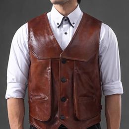 Men's Vests Genuine Leather Top Layer Cowhide Multiple Pockets Middleaged and Elderly Slim Plus Size Retro 230320