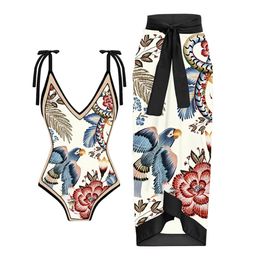 Swim wear Vintage Color Block Floral Print Swimsuit Set Sexy Lingerie For Women Beach Dress Elegance Luxury Slim Fit 230317