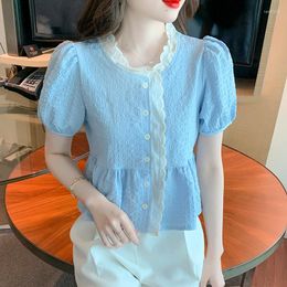Women's Blouses Casual Short Sleeve Shirt Elegant Button V-Neck Female Clothes Chic Blue Tops Fashion Summer Blouse Women With Lace Blusas